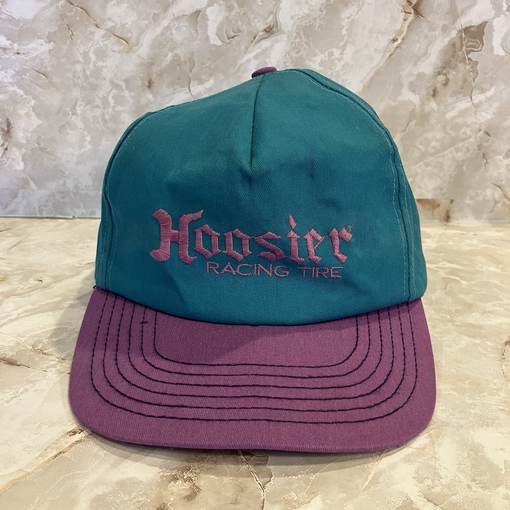 Vintage Hoosier Racing Tire Snapback Hat Cap Teal Purple Made in USA Adjustable